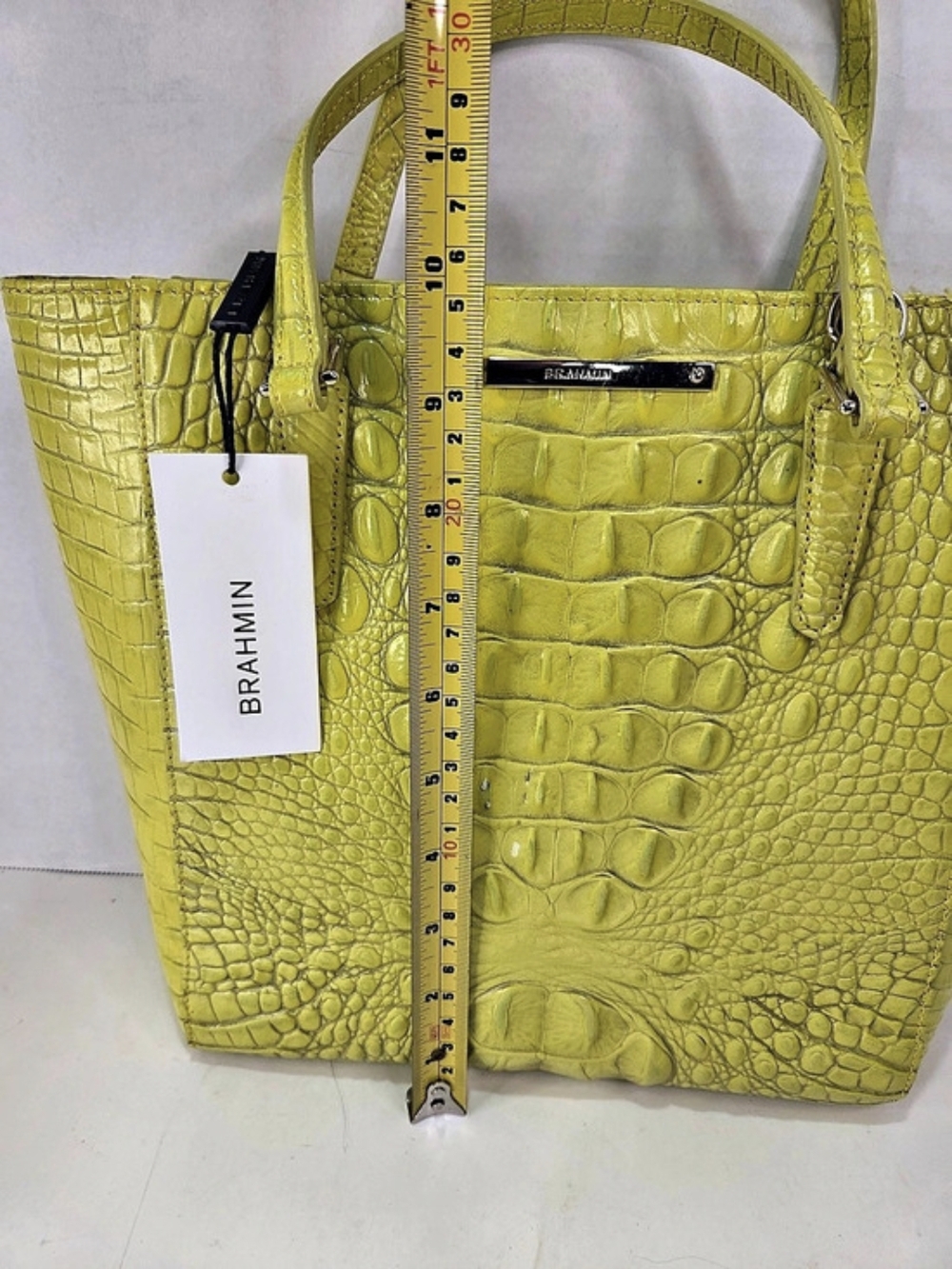 Brahmin Yellow Croc Embossed Zip Satchel Top Handle Bag Silver Hardware